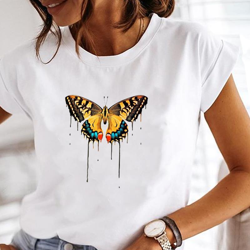 (Europäische Größe) Schmetterling T-Shirt Oberteil Aquarell Süß O-Ausschnitt Kleidung Mode T-Shirt Lässig Kurzarm Damen Druck Dame Weiblich Grafik T-Shirt