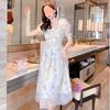 White Square Neck Dress, New Summer Drape French Temperament, Sweet Waist and Thin Ink Painting Dress