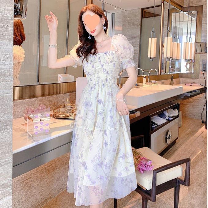 White Square Neck Dress, New Summer Drape French Temperament, Sweet Waist and Thin Ink Painting Dress