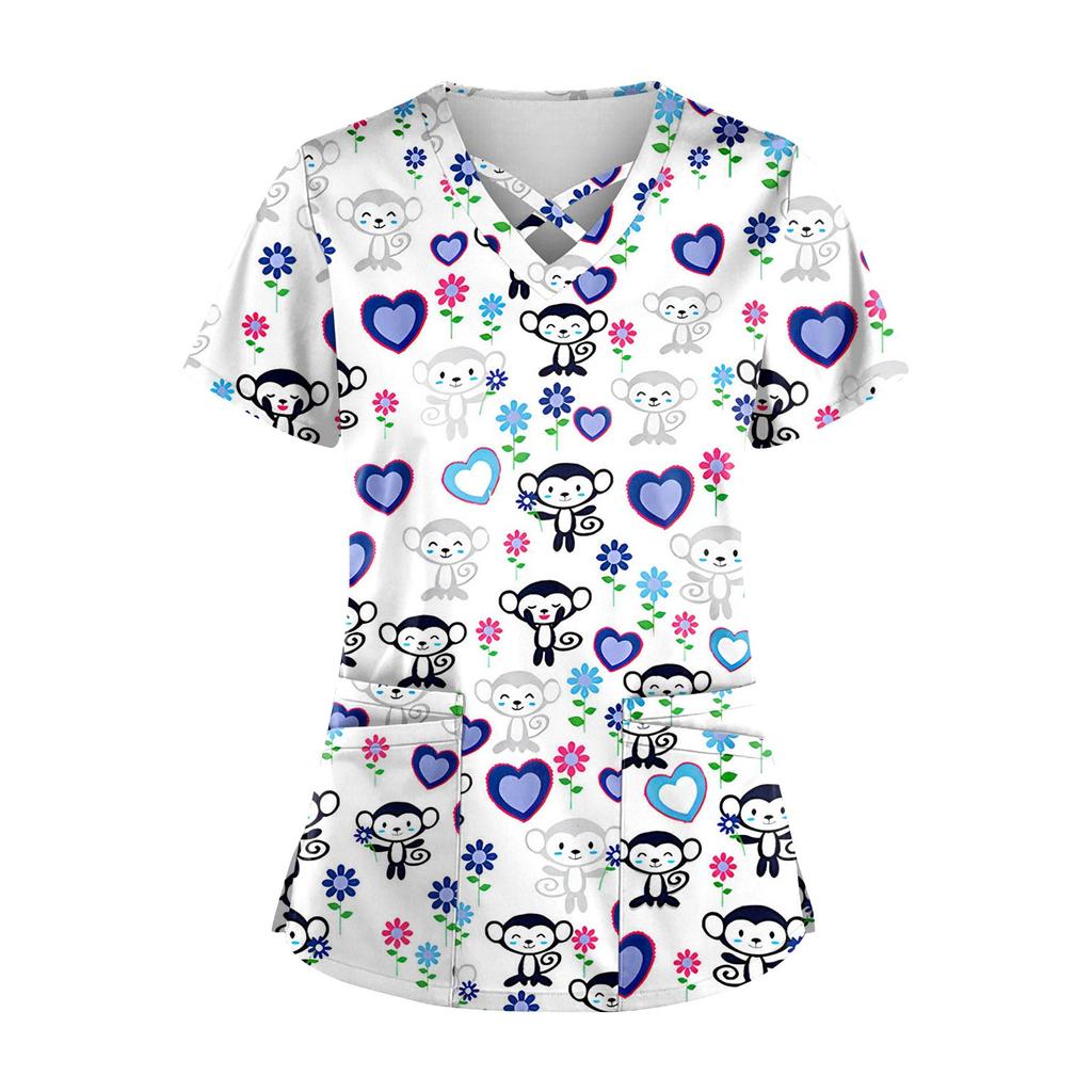 Plus SizePrinted Scrub Working Uniform Tops para mulheres Cross V-neck Halloween Print manga curta camisetas divertidas Workwear Tee com bolsos