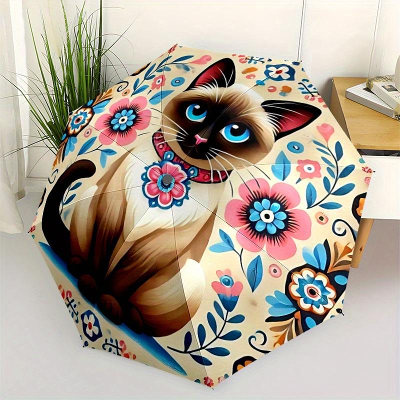 1pc Floral Cat Automatic Open/close, All-Season Portable Folding Umbrella, Travel, Everyday, Formal Events - Compact Luxury Parasol, Outdoor Accessory