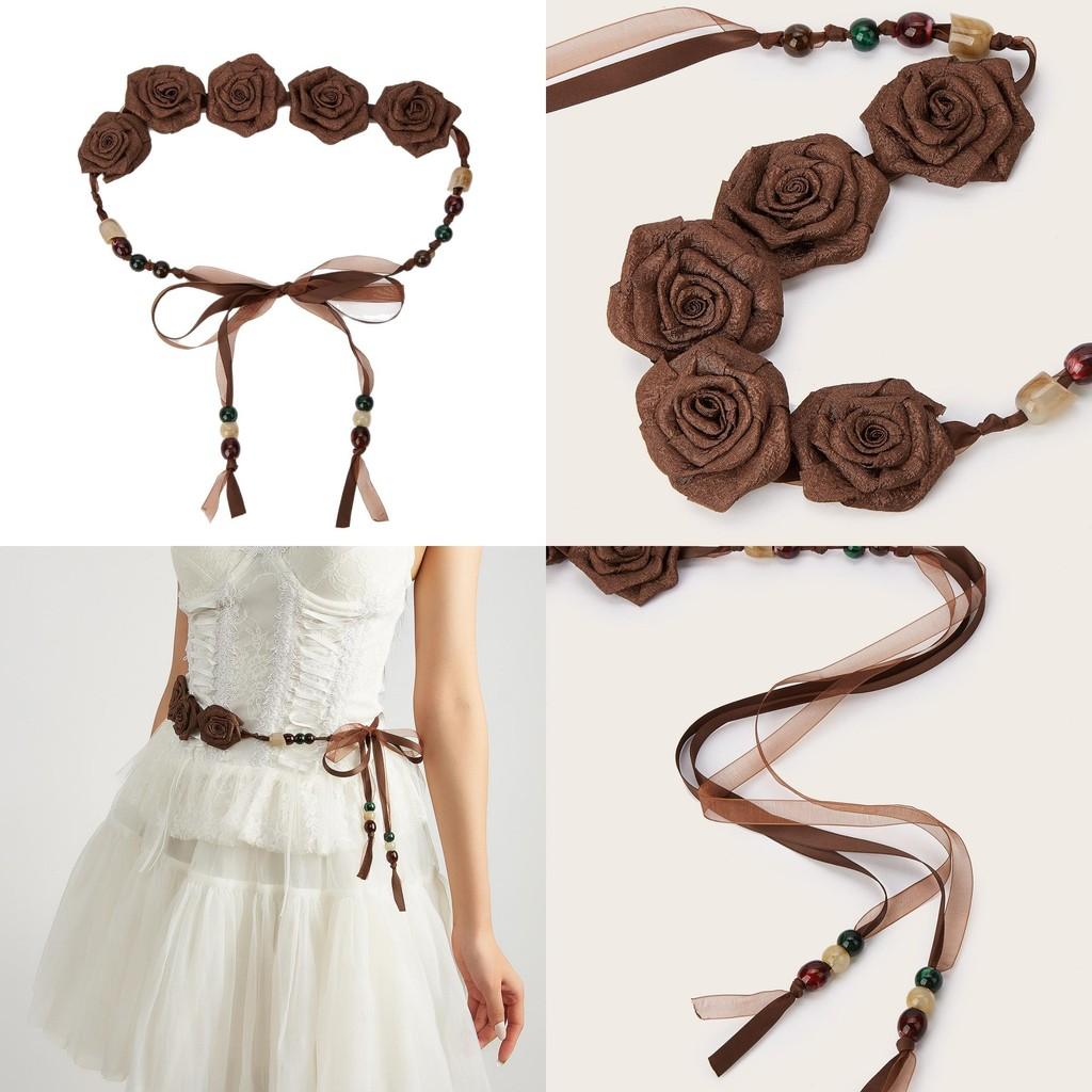 Retro Bohemian Waist Cord With Fabric Flower Embellishment For Dress Styling