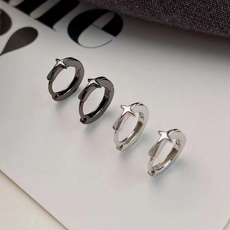 Four-Pointed Star Cross Small Hoop Earrings For Men Women Hip Hop Retro Black Silver-Color Street Gothic Ear Jewelry