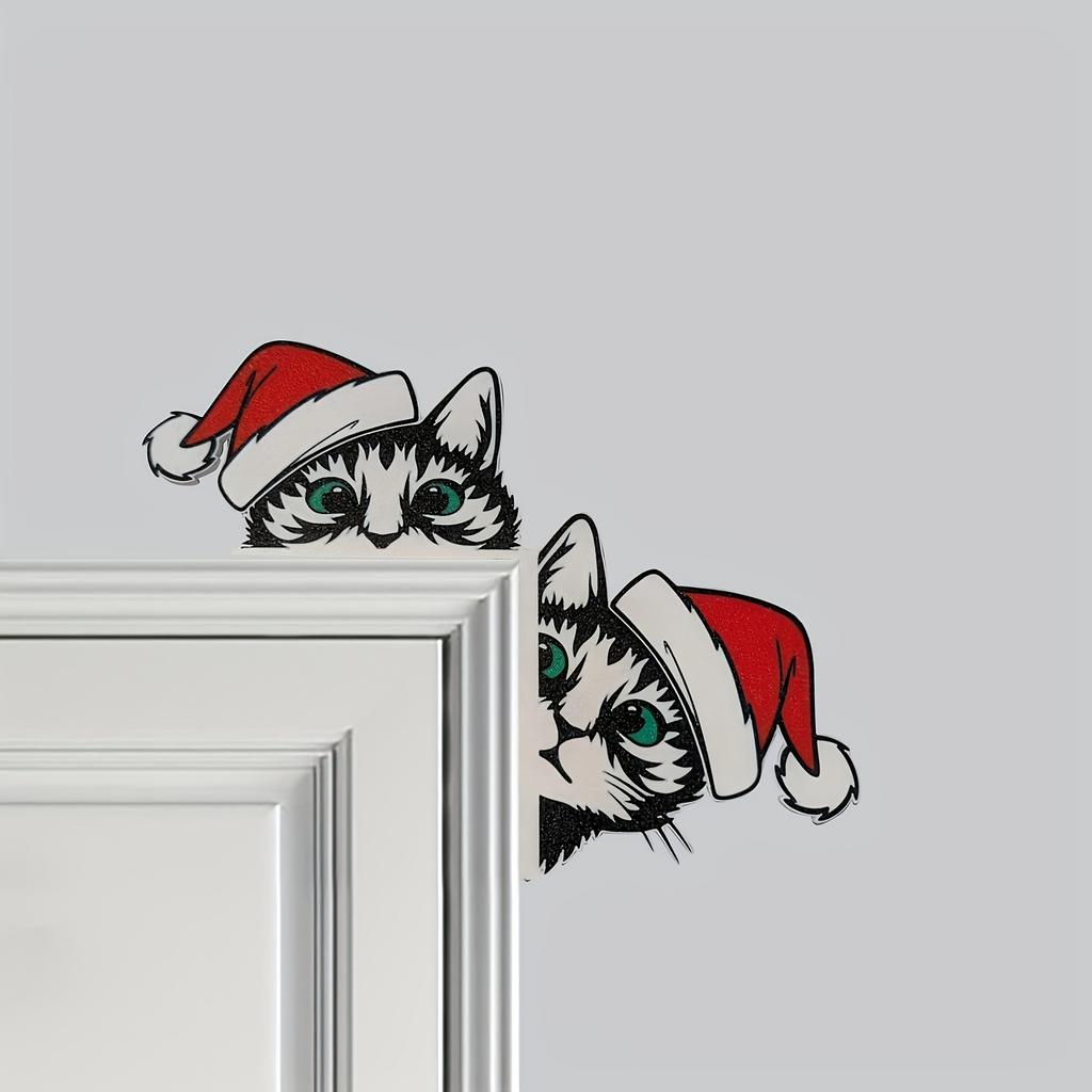 1pc Christmas Cat Door Frame Decoration - Santa Hat Cats with Green Eyes, Artificial Wood Indoor/Outdoor Holiday Decor
