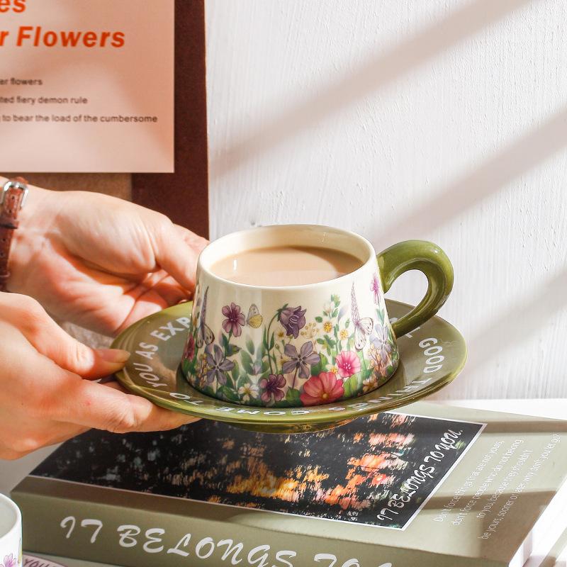 Retro Idyllic Coffee Cup Saucer Antique Oil Painting Green Lily Of The Valley Ceramic Cup Saucer Afternoon Tea Cup