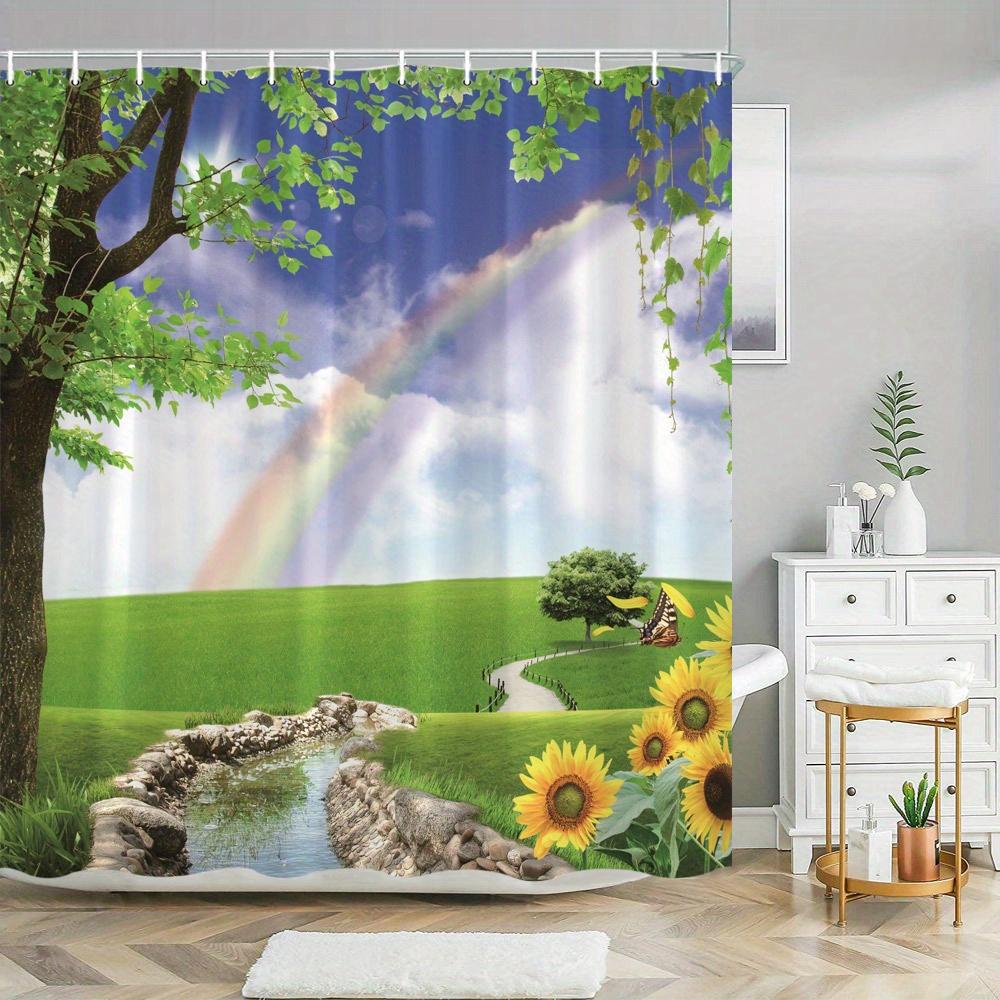Vibrant Meadow Rainbow Shower Curtain, Sunflowers & Landscape Design, Polyester, 12 Hooks