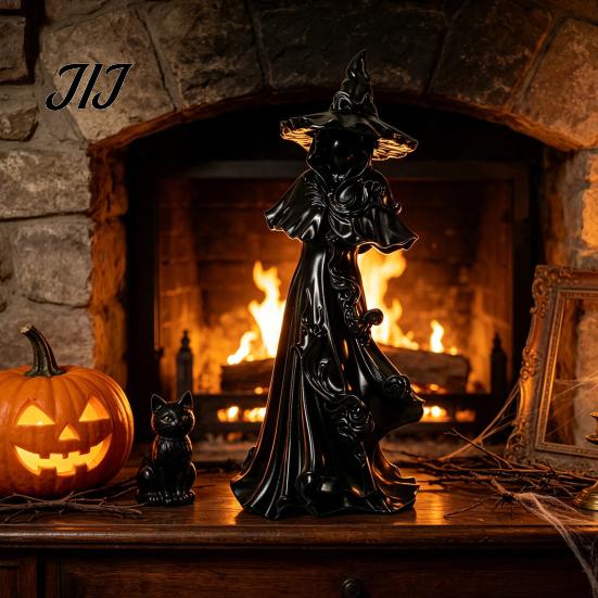 Wicca Altaar Accessoires 12 Inch Zwart Hars Gezichtsloze Heksenbeeldje, Gotisch Spookachtig Geklede Statue met Fantasy Collectie Beelden Puntige Tovenaar