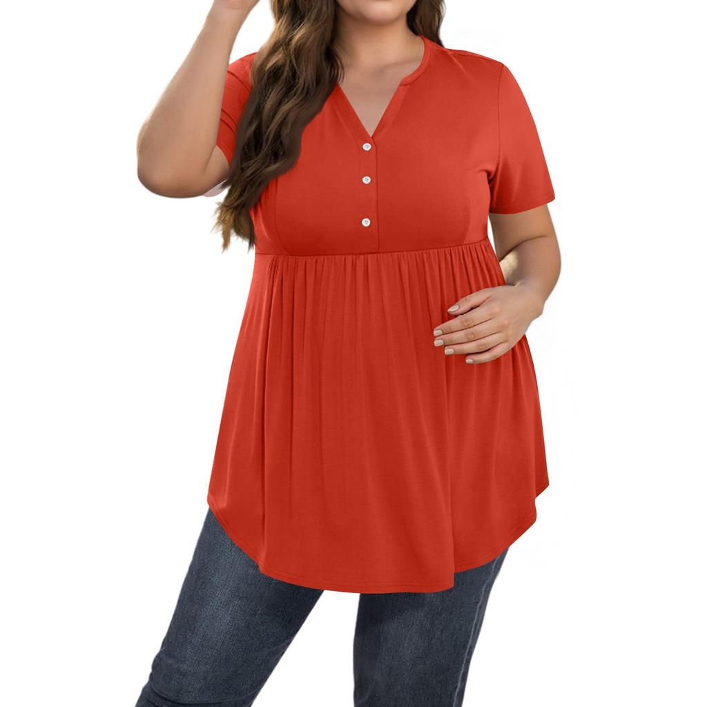 Women's Solid Color Large Size  V Neck Button-Up Top Casual Short Sleeve Flowy Top