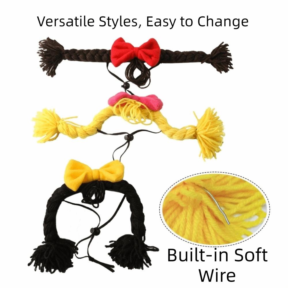 Double Braids Pet Wig Braid Bow Pet Headgear Pet Dress Up Cat Funny Headpiece  Cosplay Events