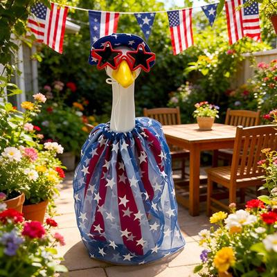 1 Set 4th July Goose Outfit, Stars And Stripes Goose Dress Star Sunhat Sunglasses, Patriotic Porch Goose Costumes Set for 23-Inch Goose Statue