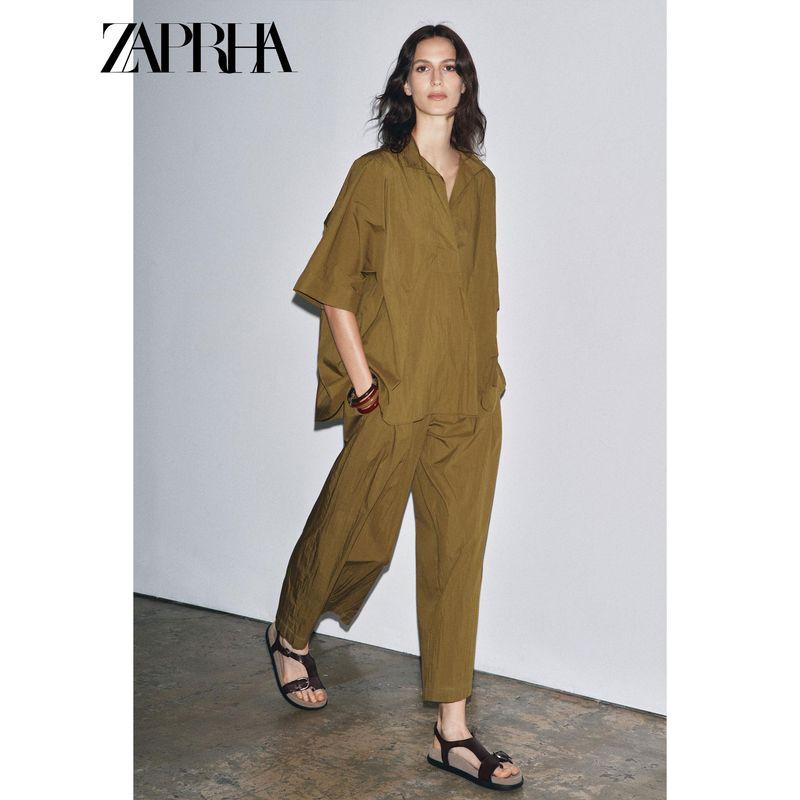 Zaprha2025 Autumn New Solid Loose V-neck Short sleeve Casual Shirts Women Idle Style Slimming 5344118