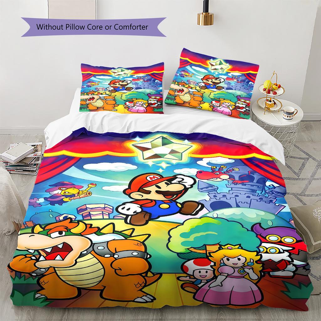 3PCS Super Mario Bedding Set Durable Fade Resistant Duvet Cover & Pillowcases Cartoon Game Kids Bedroom Decor
