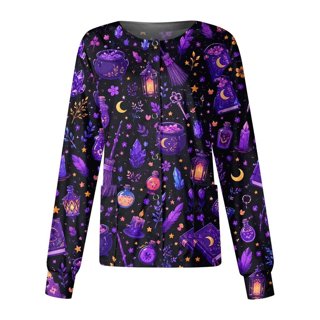 Women's Halloween Print Casual Long Sleeve Single Breasted Caregiver Cardigan Top Lightweight Comfortable Fit