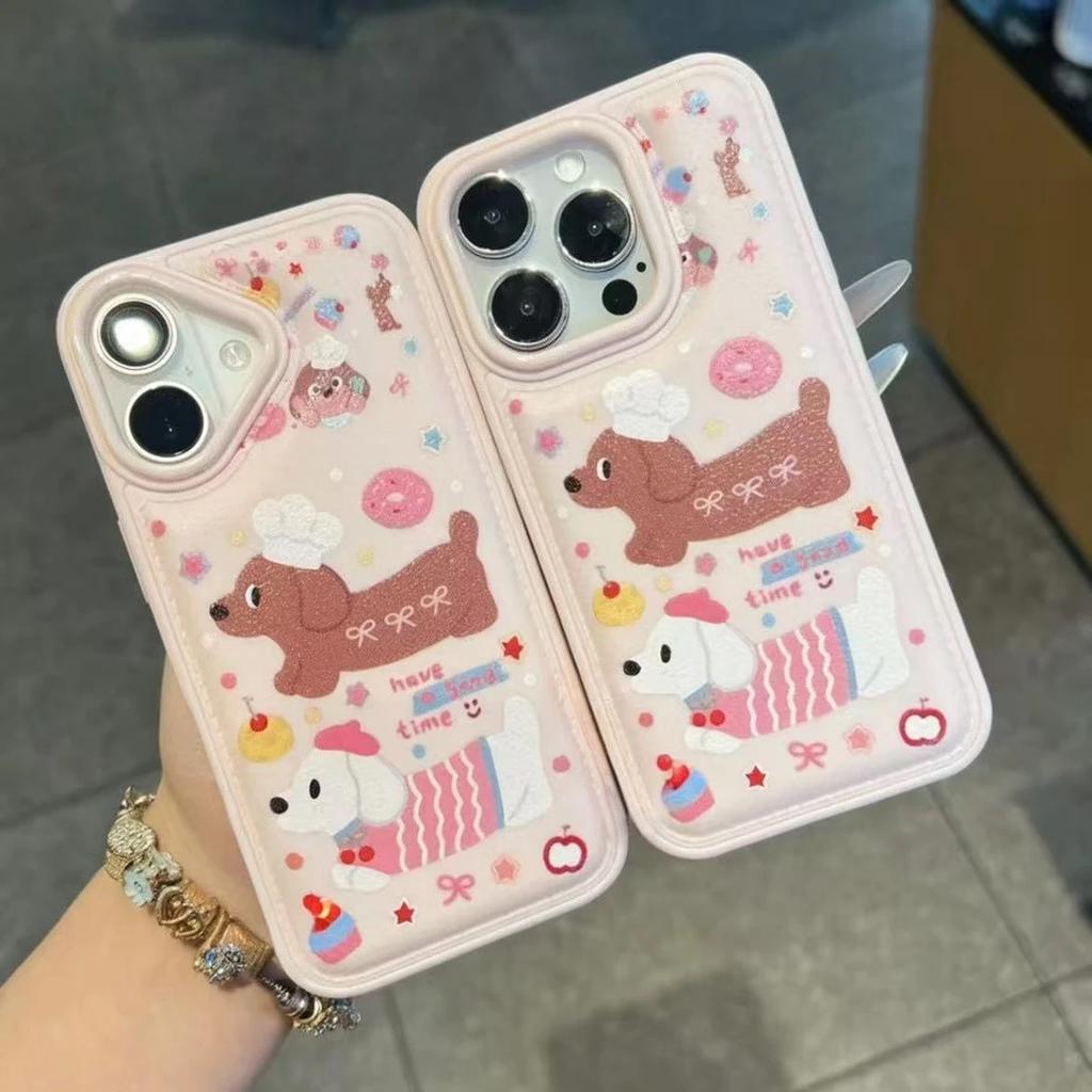 Dessert Dachshund Bulge Bag Suitable for Apple 16/17promax Mobile Phone Case IP15 Leather Pattern Air Cushion 14Pro Cute