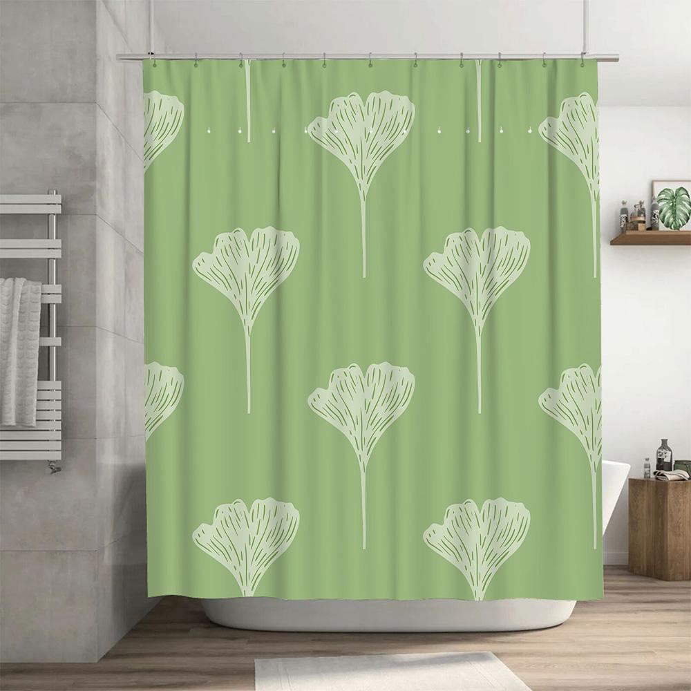 Modern Style Solid Color Ginkgo Leaf Shower Curtain made of Waterproof Polyester Fabric for Bathrooms Decorations Green White 18