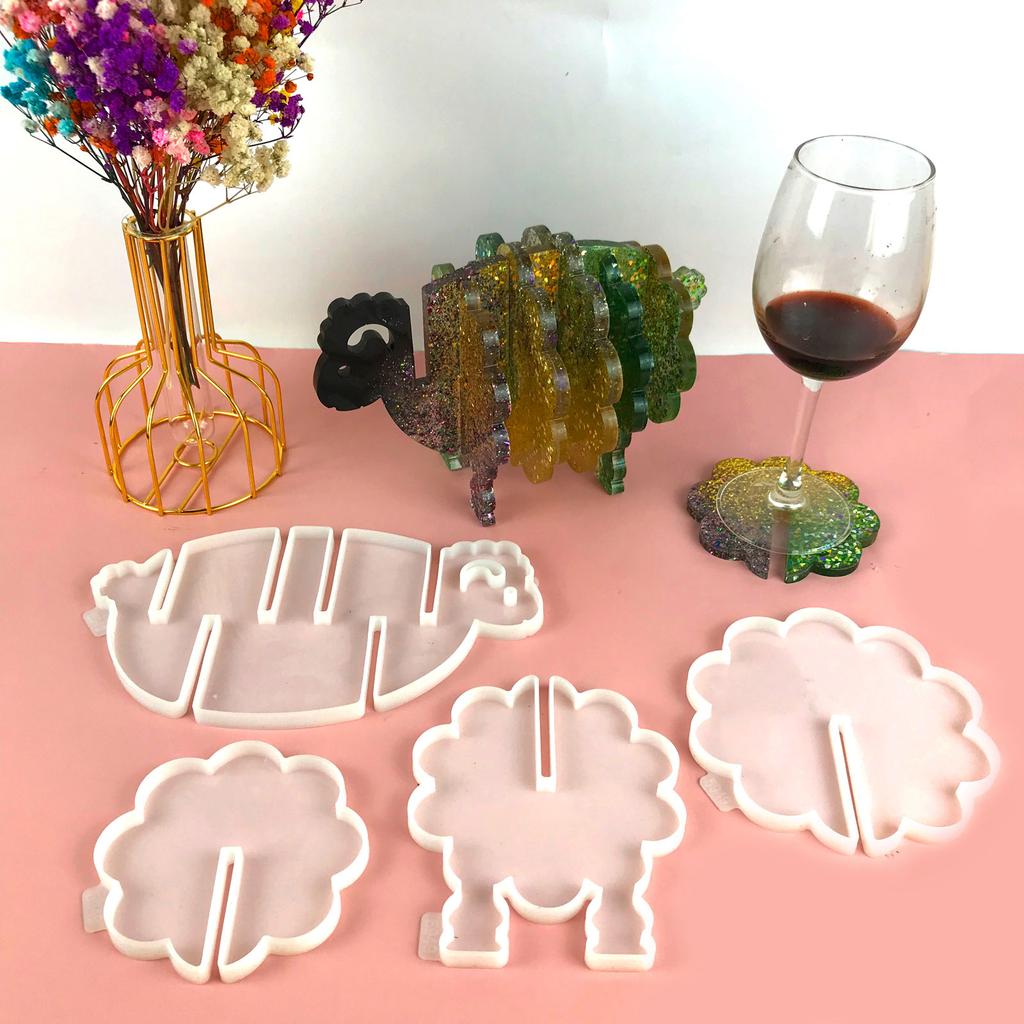 1 Set Animal Sheep Coaster with Storage Rack UV Crystal Epoxy Mold Cup Mat Pad Resin Silicone Mould DIY Crafts Mold