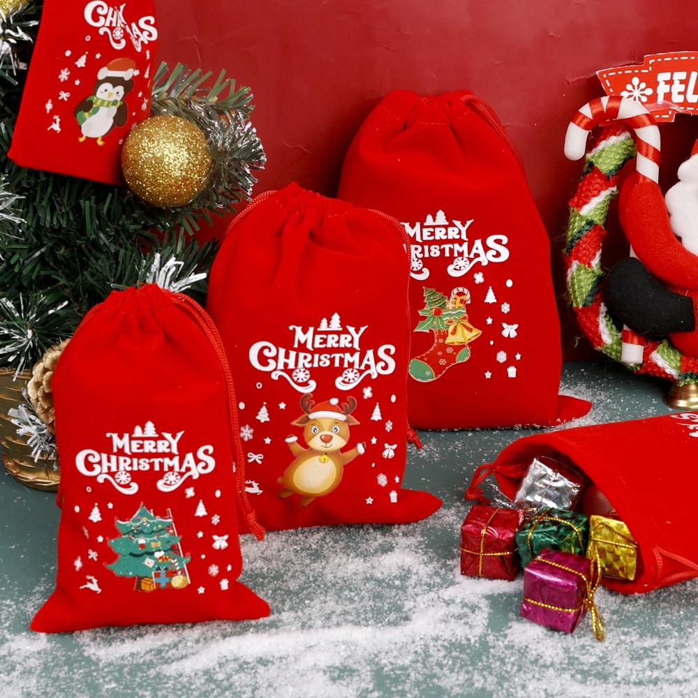 Christmas Drawstring Bags Velvet Cartoon Santa Claus Snowman Candy Snakcs Gifts Bags for Xmas Tree Party Home Packaging Pouches