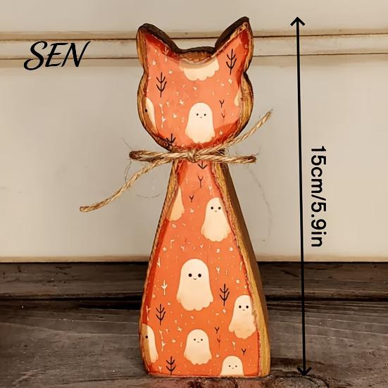 Festive Party Table Centerpieces Rustic Wooden Cat Ornament, Vintage Halloween/Flower Wood Tabletop Signs, Fall Home Decorations Distressed