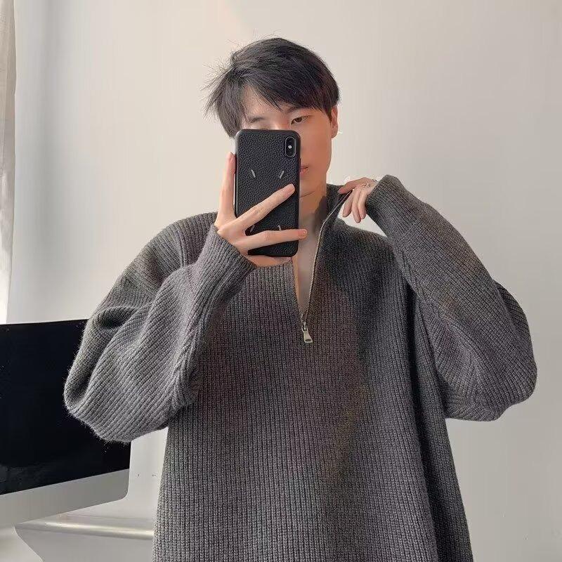 Men s Zipper Half-High Collar Sweater - Autumn/Winter Thick Knit Pullover with Floral Design L