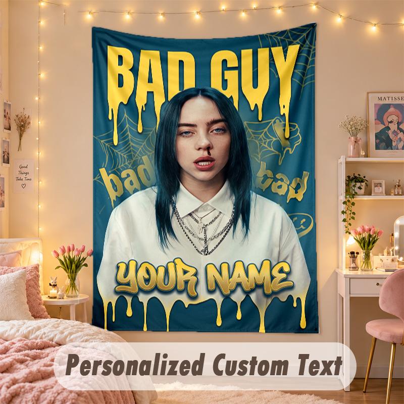 Custom Personalized Tapestry,Billie Eilish Print Custom Name Text Wall Art Hanging for Bedroom