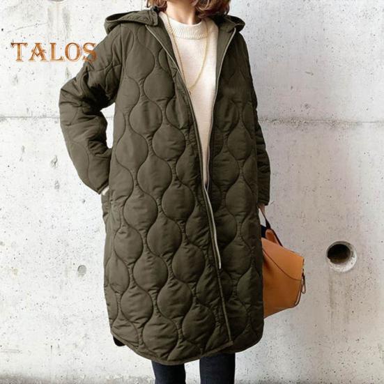 Fall Winter Women Jacket Hooded Zip-up Rhombus Texture Thin Padded Long Sleeves Mid Length Loose Work School Daily Coat
