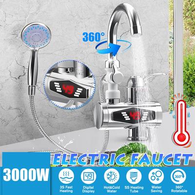3000W Electric Tap Stainless Steel Water Heater Faucet With Shower Head 3S Fast Heating Instant Hot Water for Kitchen Bathroom