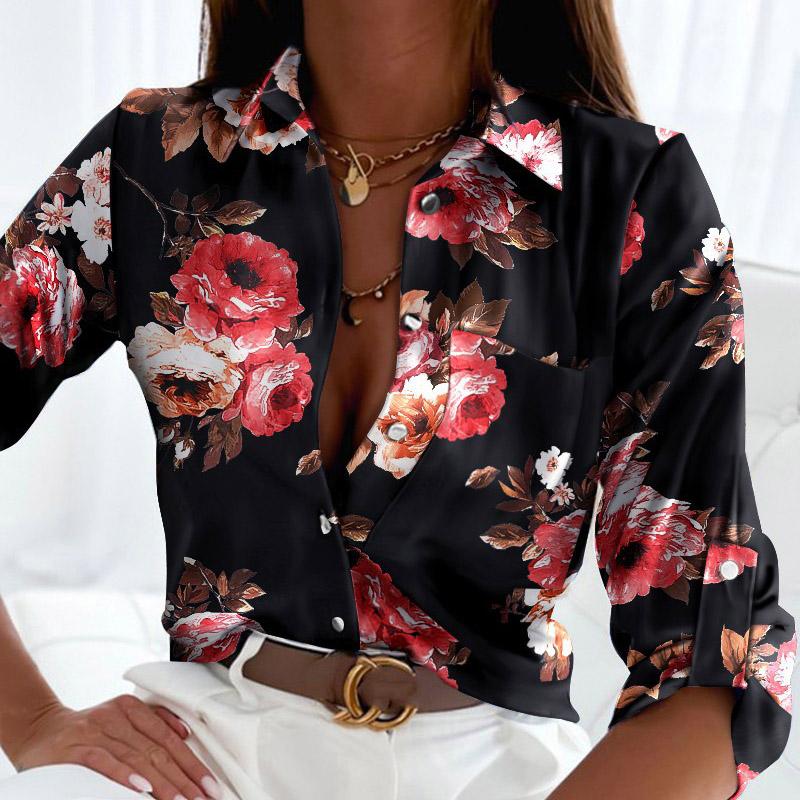 Spring Autumn Lapel Long Sleeve Floral Print Women Shirt