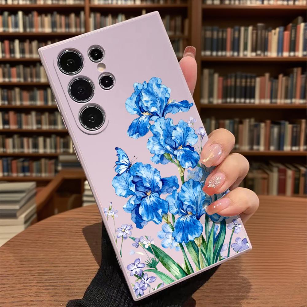 Blue Irises with Butterfly Soft TPU Case Slim Shockproof Protective Cover For Samsung Galaxy S Ultra FE Plus A Series 5G