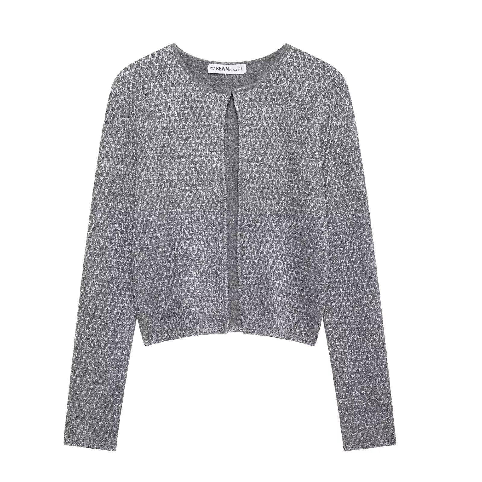 

Зимний женский вязаный кардиган в европейском и американском стиле с пайетками и металлической нитью Small серебряный