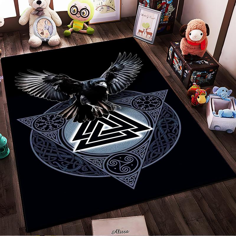 Raven with Norse Symbols Rug Non-slip rug suitable for living room and bedroom sofas