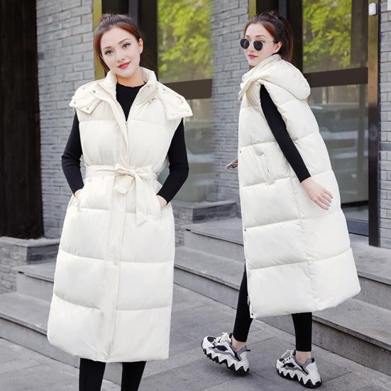 Colete feminino de inverno, acolchoado, com zíper, com capuz, ajuste solto, cintura ajustável, sem mangas, cor sólida, à prova de vento, retenção de calor