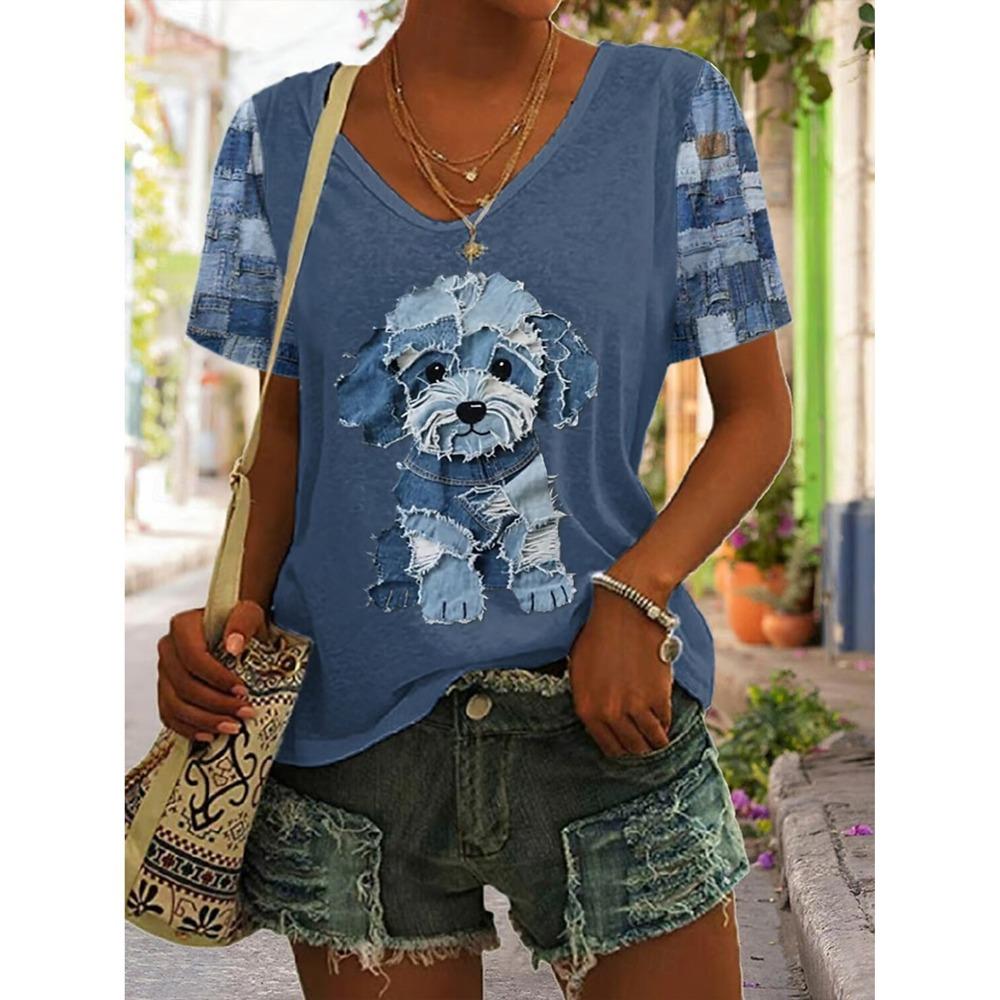 Women's T Shirt Graphic Animal Vintage Stylish Classic Short Sleeve V Neck Regular Tops Daily Print Woman Clothes Tops for Woman
