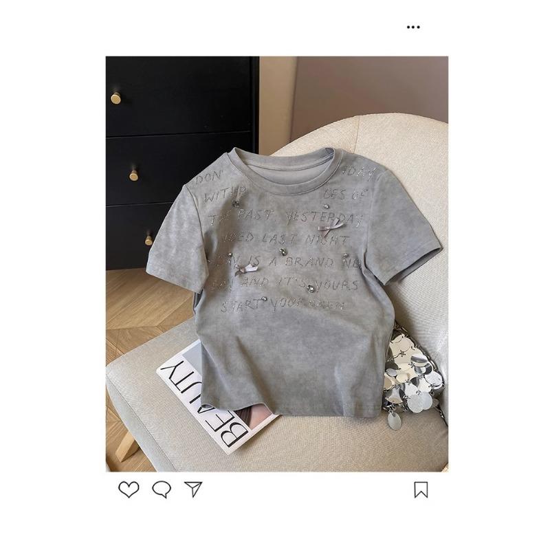 Chic Short-sleeved T-shirt for Women Summer New Style Right-shoulder Slim-fitting High-end Round Neck Right-shoulder Top