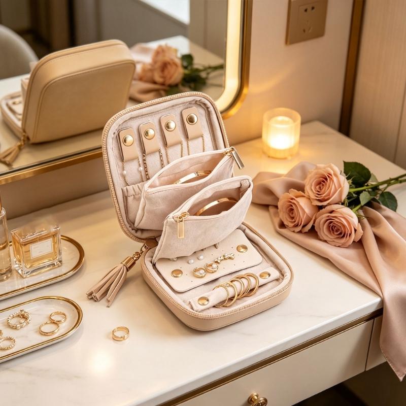 Travel Jewelry Storage Case with Dedicated Compartments, Ring Roll, Earring Holders, Pouches, and Zip-Around Closure