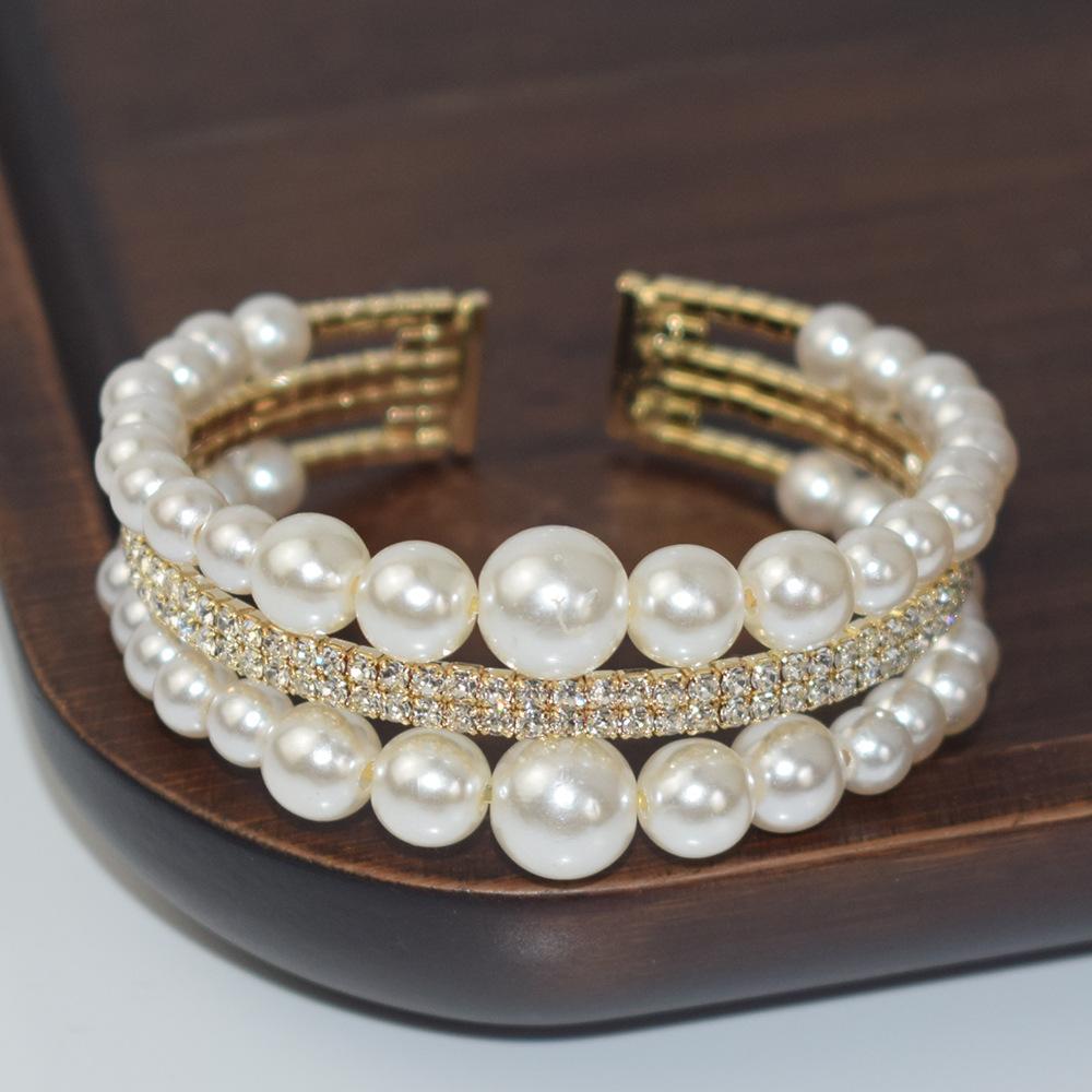Hot Sale Baroque Crystal Pearl Opening Bracelet Gold and Silver Color Rhinestone Multi-Layer Bridal Wedding Jewelry
