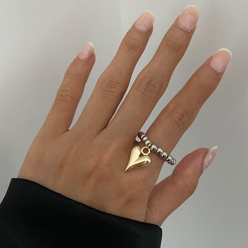 Ins Jednoduchý prsten na prst se srdíčkem Prsten s korálkovým řetízkem s přívěskem srdce pro ženy Osobnostní kovové prsteny Dámské šperky