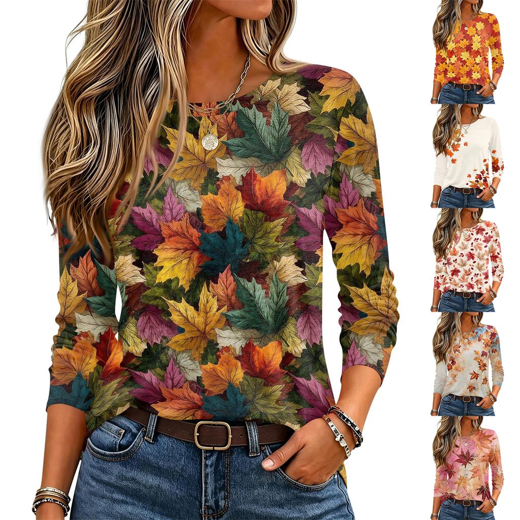 Women's Long Sleeve Neck Pullover Top with Leaf Print for Casual Daily Wear