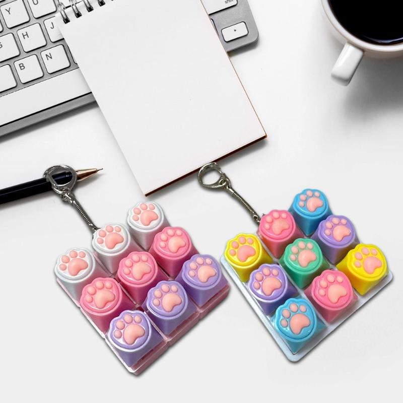 9 Keys Silent Keyboard Keychain Creative Cat Paw Keycap Fidget Toys Stress Relief Toys For Kids Adults Gift
