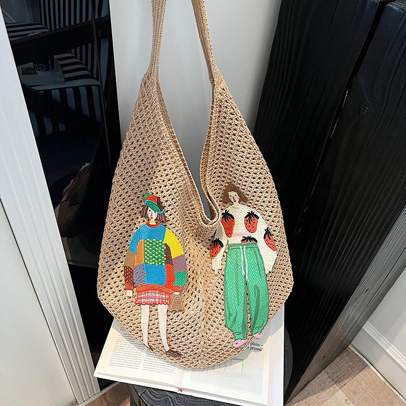 Hollow Mesh Knitted Shoulder Bag Beach Vacation Slouchy Chic Cartoon Tote Bag Lightweight Laid-Back Casual Woven Women Handbag