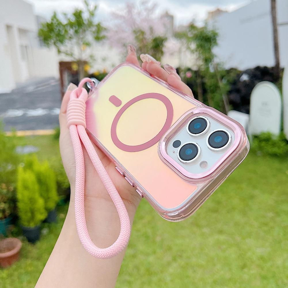 

Luxury Laser Gradient Magnetic Lanyard Phone Case For iPhone 17 Air 16 15 14 13 11 12 Pro Max Plus for Magsafe Shockproof Cover iPhone 13 Pro розовый