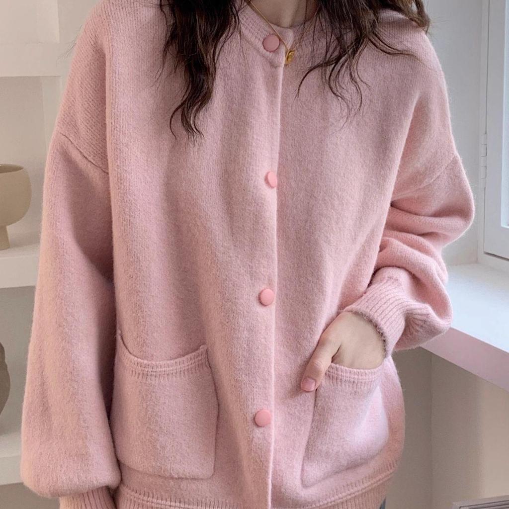 Women's Pink Korean-Style Loose Fit Cardigan - Soft, Long-Sleeved, Perfect for Autumn and Winter