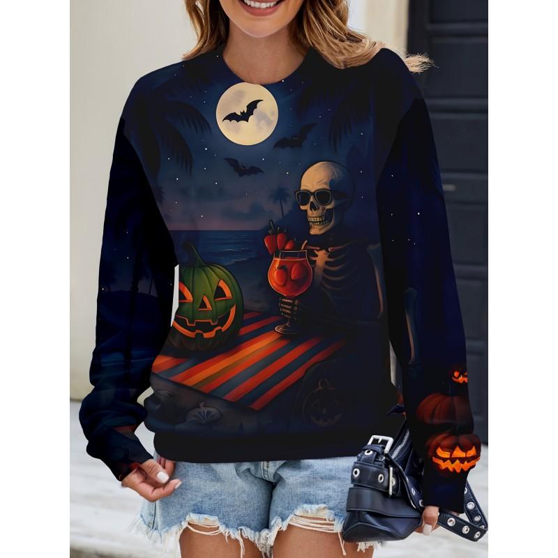 Womens Casual Hoodie With 3D Halloween Print Round Neck Lightweight Breathable Fabric