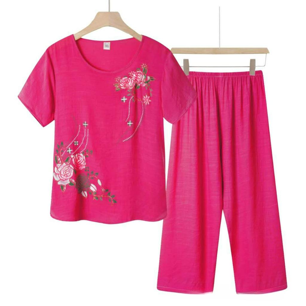 Pajamas Summer Short-sleeved Breathable T-shirt Suit Spring and Autumn Large Size Cotton and Linen Printed Home Service