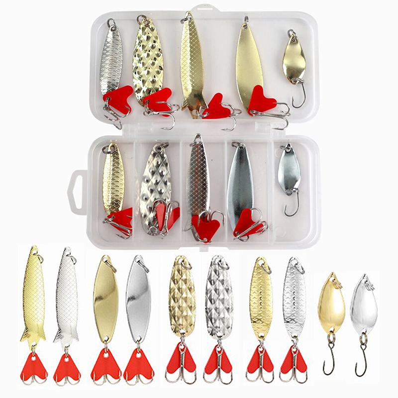 Set de 10 Bucăți Aur și Argintiu Metal Jig Lingură Spinner Atrăgător Pescuit Wobbler Momeală Set Cu Cutie Accesorii Pescuit Kit Pentru Pescuit