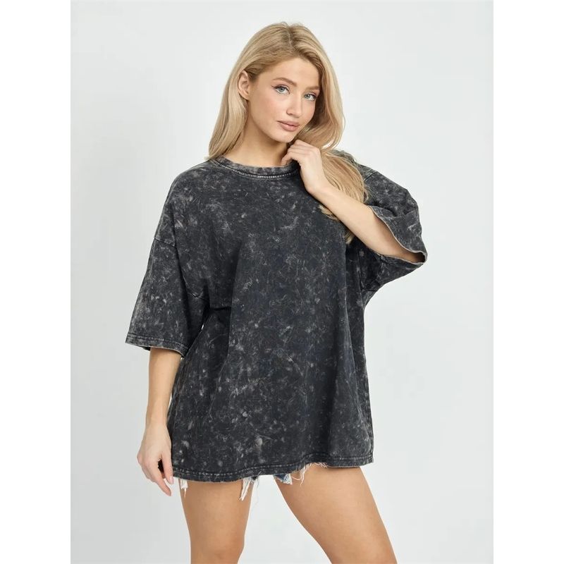 European and American Fashion Retro Distressed Washed Short sleeve Medium Length T-shirt Women Oversize Tee T Shirt Women