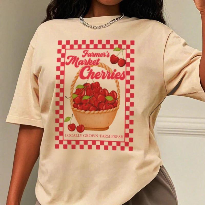 Cute Farmers Market Cherry Tshirts Short Sleeve Vintage Gardening Graphic Tee Cottagecore Top Women Aesthetic Clothing Oversized