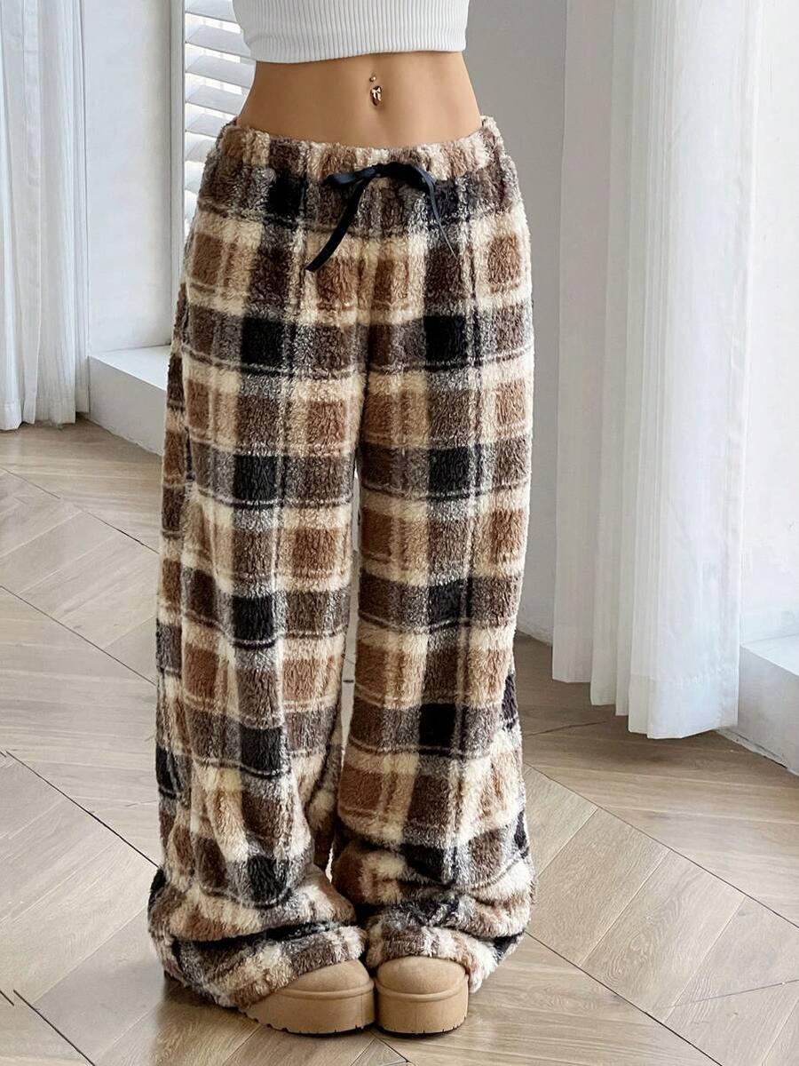 

Winter New Women s Plaid Casual Pants with Elastic Waist and Fleece 2XL коричневий