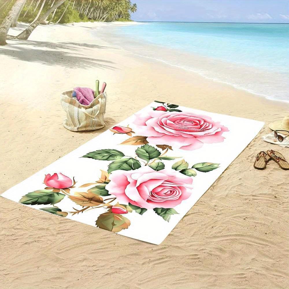 1pc Quick-Dry Beach Towel - Soft Pink Roses On Beige, Fast-Drying Microfiber Towel for Pool, Travel, Spa - Lightweight Highly