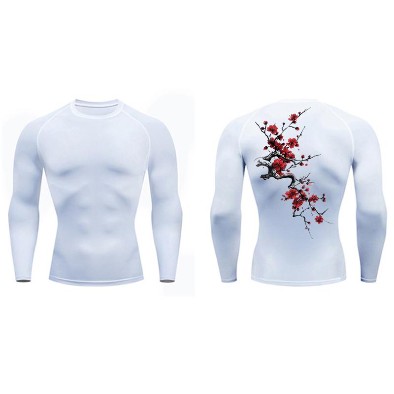 Sakura Blossom Print Compression Shirt for Men Athletic Quick Dry T-shirts Gym Workout Running Tees Long Sleeve Tops Activewear