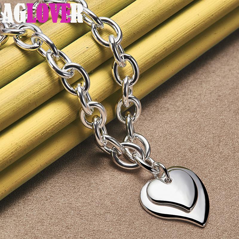 925 Sterling Silver Double Heart Pendant 18 Inch Chain Necklace Jewelry